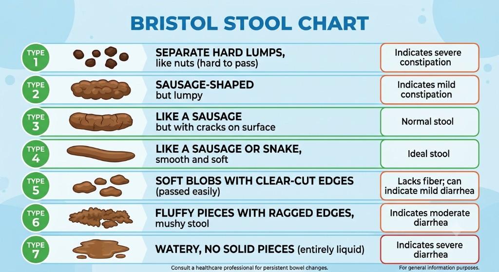 Bristol Stool Chart showing types 1 to 7 from hard lumps to watery stool
